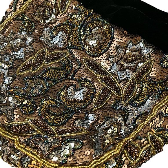 Chico’s Beaded Sequin Flapper 20s Great Gatsby Velvet Bucket Bag Purse Gold New - Picture 8 of 11